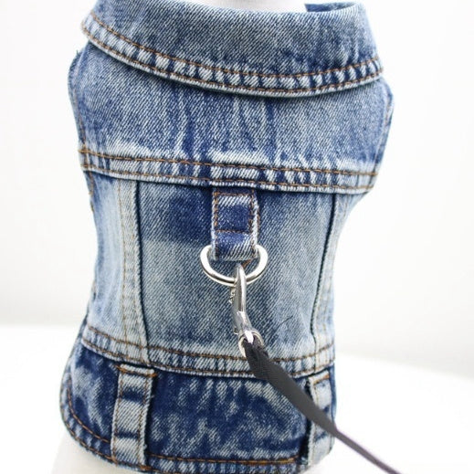 HKM-9732925 Denim Traction Vest for Small Dogs – Casual Pet Clothing in Blue and Black