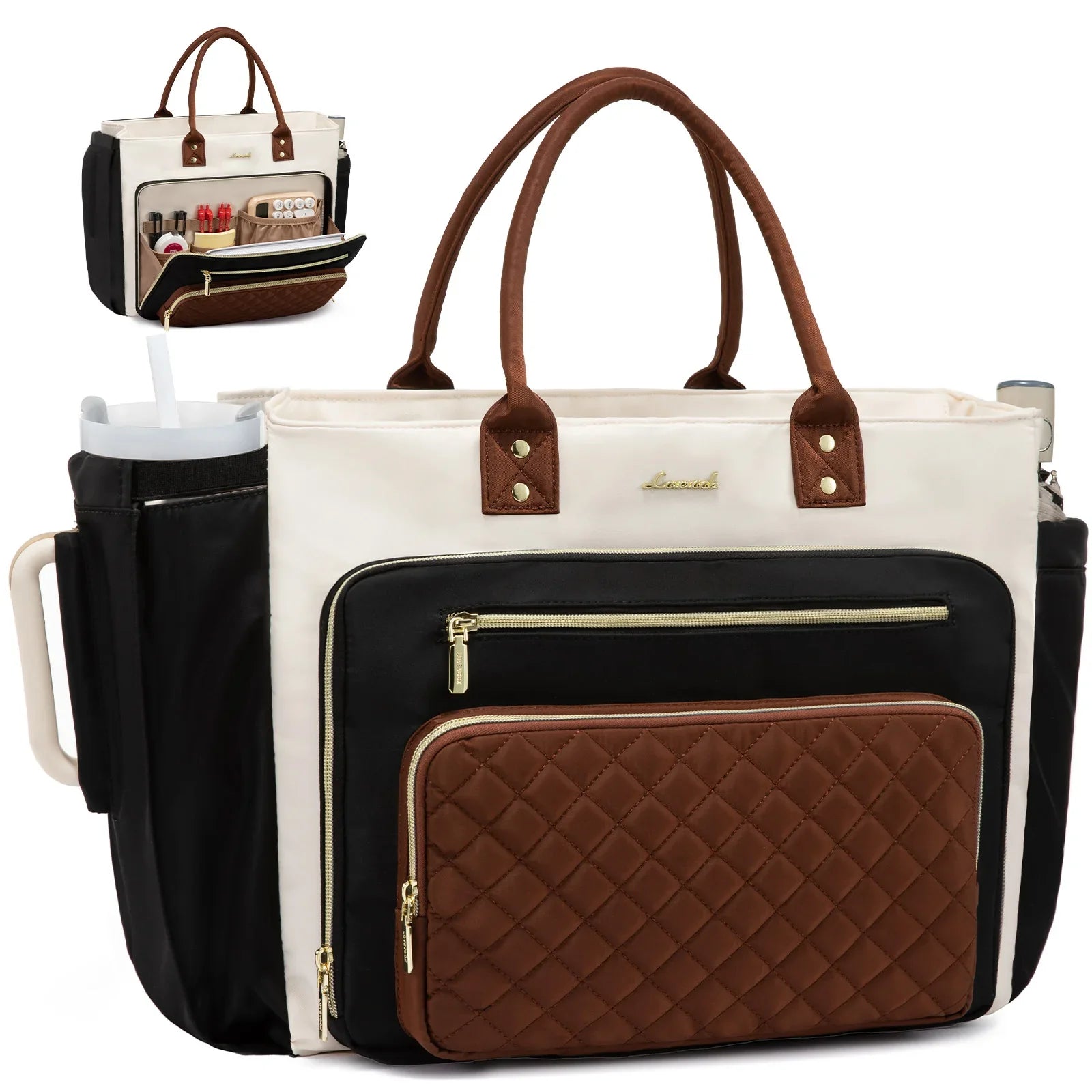 HKM-973331 Multi-Pocket Tote Bag for Women - 15.6 Inch Laptop Briefcase with Large Cup Holder