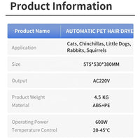 HKM-974035 55L Eco-Friendly Pet Dryer Box for Cats and Small Animals - Low Noise Automatic Grooming Machine
