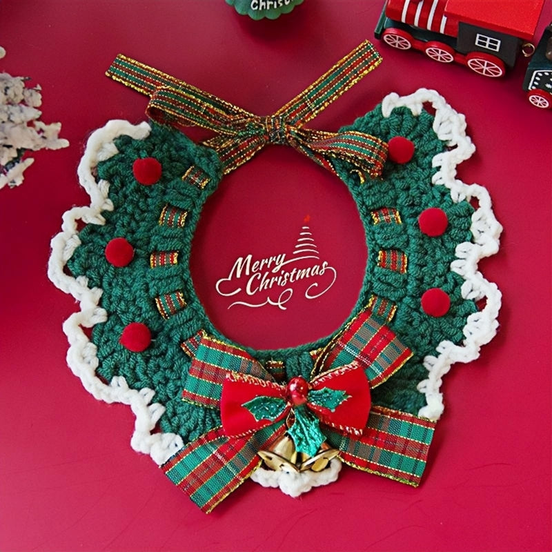 HKM-9740861 Adjustable Knit Pet Collar with Crochet Elk Pattern for Cats and Dogs, Comfortable and Stylish Design