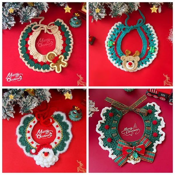 HKM-9740861 Adjustable Knit Pet Collar with Crochet Elk Pattern for Cats and Dogs, Comfortable and Stylish Design