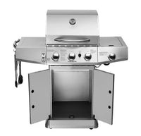 HKM-974291 3-Burner Gas Grill with Side Burner and Stainless Steel Construction for Outdoor Cooking