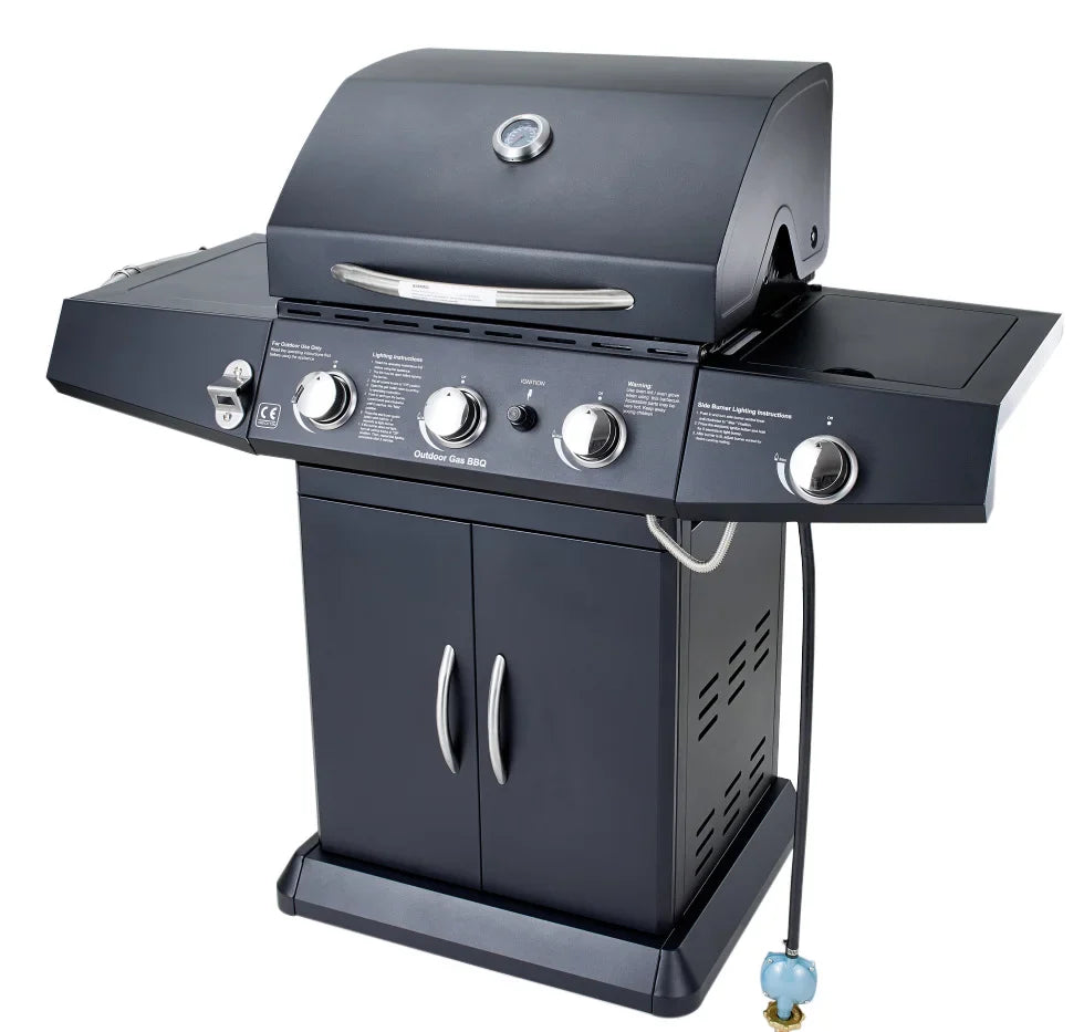 HKM-974291 3-Burner Gas Grill with Side Burner and Stainless Steel Construction for Outdoor Cooking