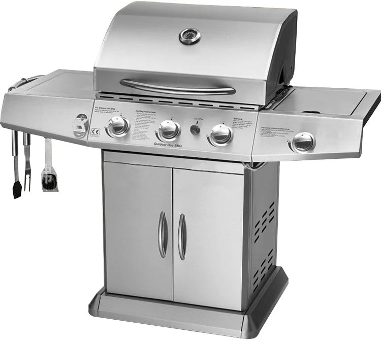 HKM-974291 3-Burner Gas Grill with Side Burner and Stainless Steel Construction for Outdoor Cooking