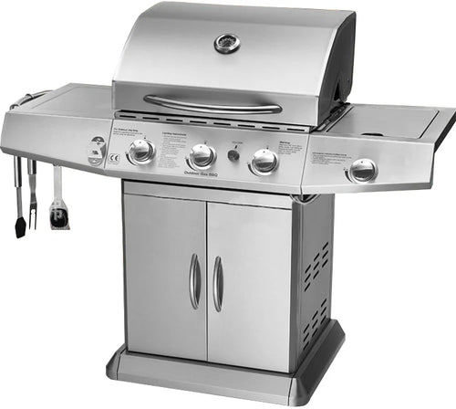 HKM-974291 3-Burner Gas Grill with Side Burner and Stainless Steel Construction for Outdoor Cooking