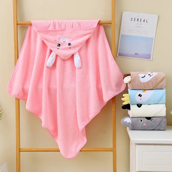 HKM-974611 Hooded Coral Fleece Baby Bath Towel with Cartoon Embroidery, Soft and Thick, 80x80cm