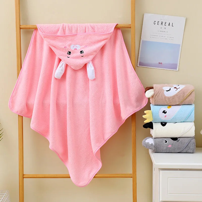 HKM-974611 Hooded Coral Fleece Baby Bath Towel with Cartoon Embroidery, Soft and Thick, 80x80cm