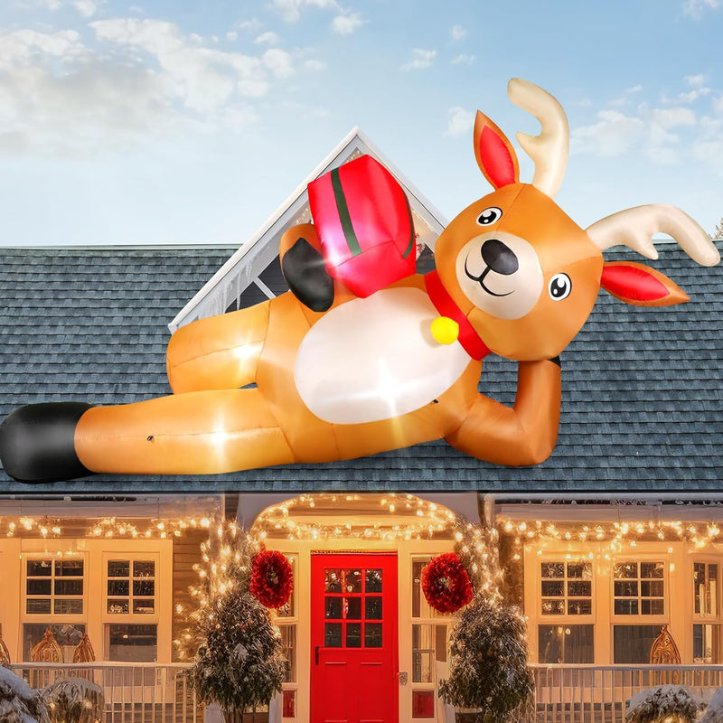 HKM-975123 12 FT Inflatable Christmas Reindeer with Gift Box - Yard Lawn Decoration with Built-in LED Lights