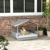 HKM-9753021 Outdoor Dog House with Canopy ¨C Elevated Wicker Pet Sofa Bed for Small to Medium Dogs