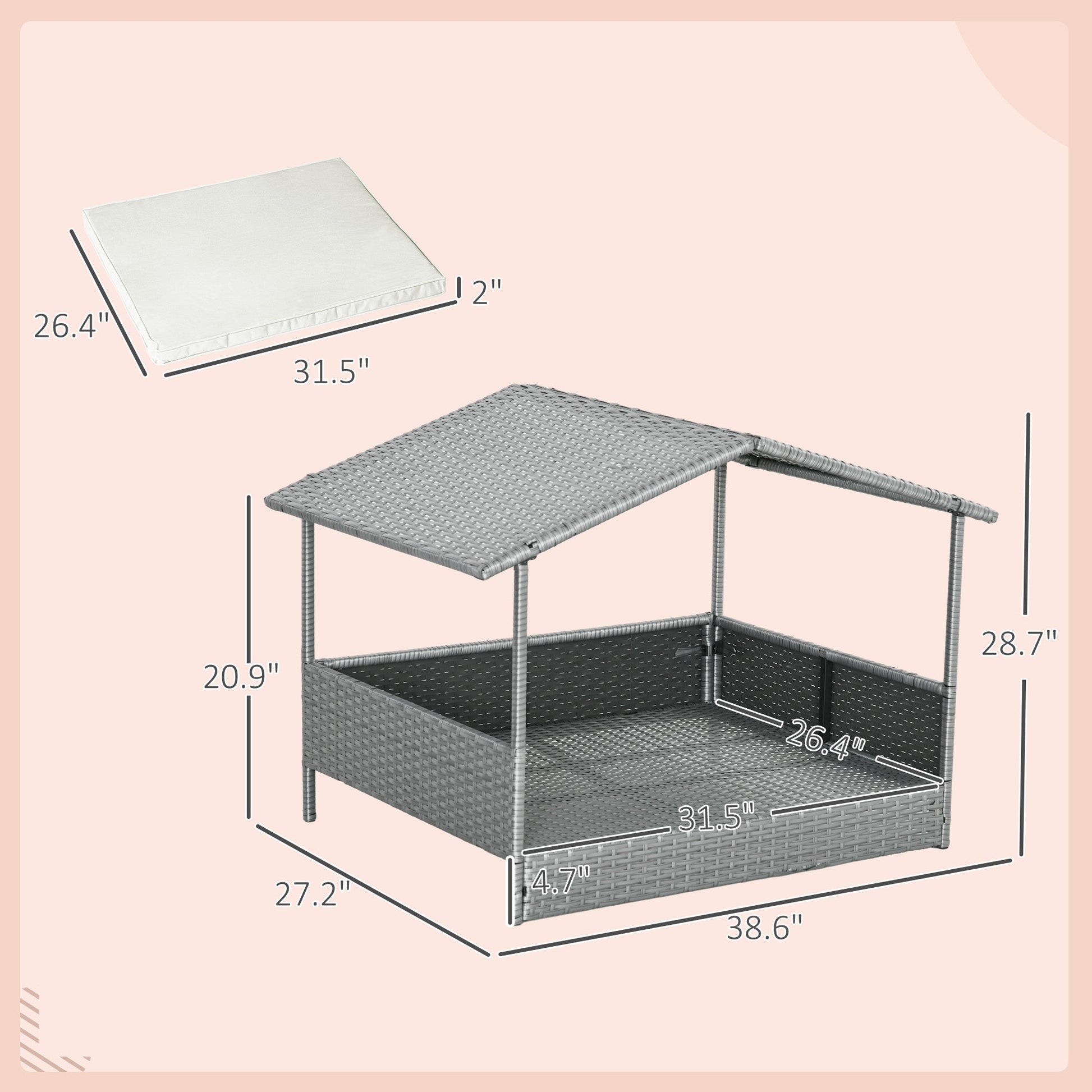 HKM-9753021 Outdoor Dog House with Canopy ¨C Elevated Wicker Pet Sofa Bed for Small to Medium Dogs