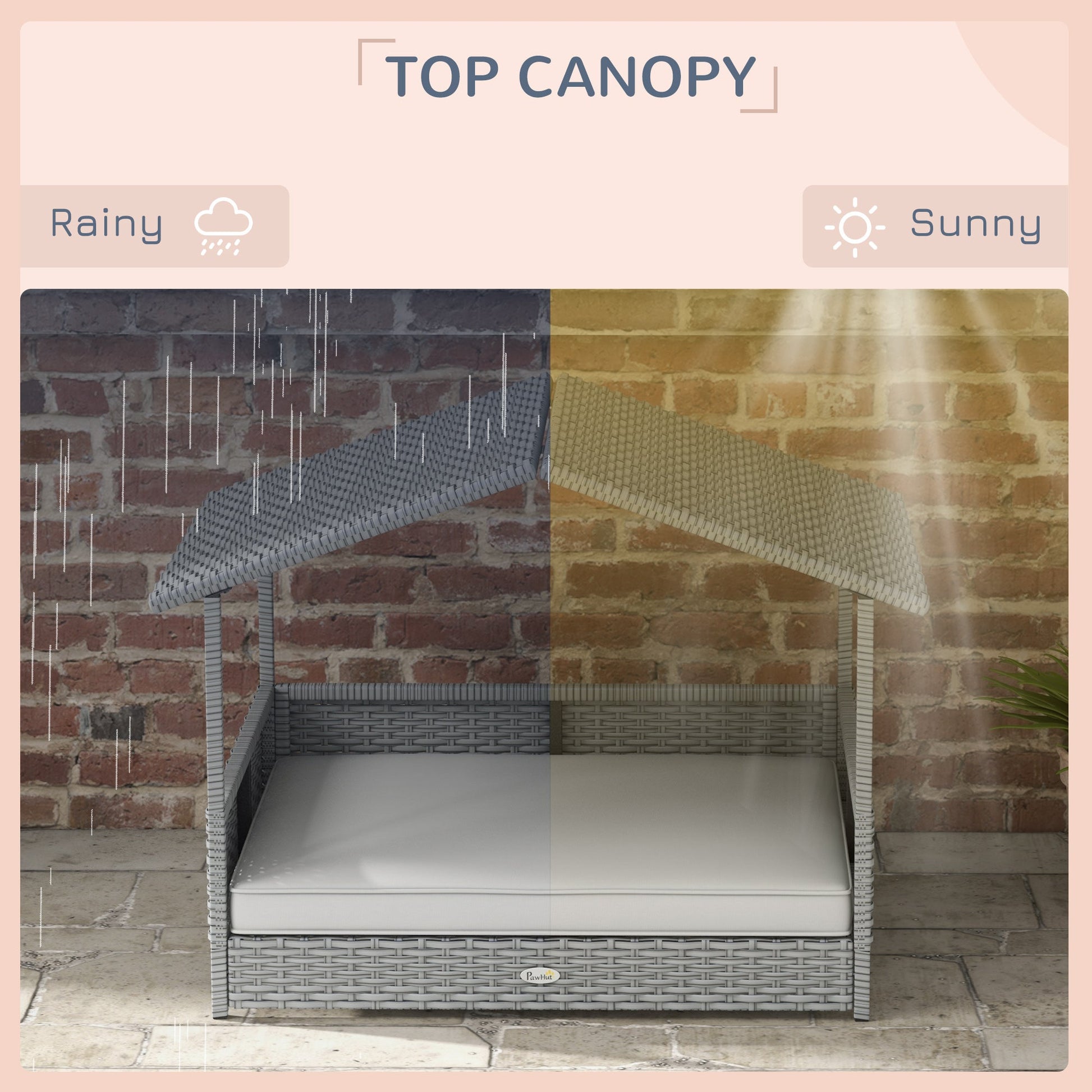 HKM-9753021 Outdoor Dog House with Canopy ¨C Elevated Wicker Pet Sofa Bed for Small to Medium Dogs