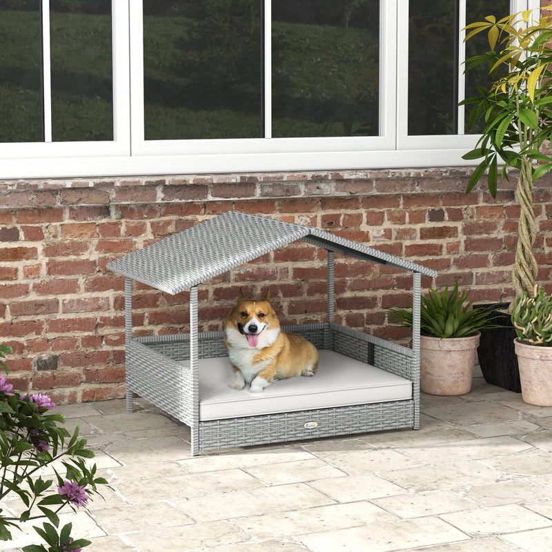 HKM-9753021 Outdoor Dog House with Canopy ¨C Elevated Wicker Pet Sofa Bed for Small to Medium Dogs