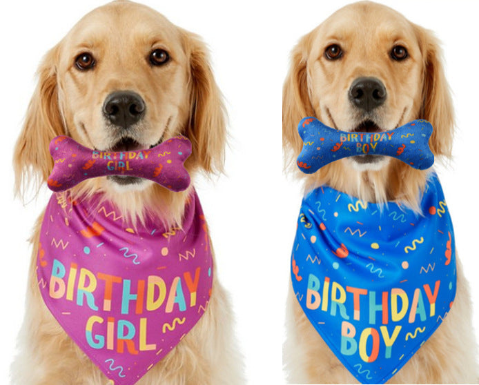 HKM-9755197 Pet Triangle Scarf and Birthday Toy Bone Set - Soft Cotton Polyester, Durable, Washable