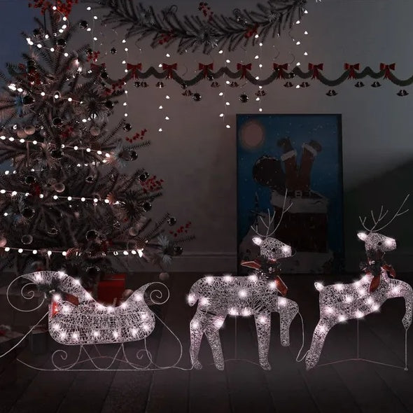 HKM-975699 Outdoor Gold LED Reindeer & Sleigh Christmas Decoration with 60 Lights – Weather-Resistant Garden or Indoor Holiday Decor