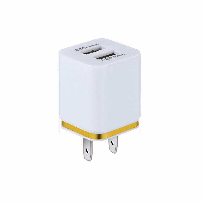 HKM-976147 Dual USB Mobile Phone Charger - Electroplating in Gold, Silver, Orange, Blue, or Purple, 5V 2.1A Output with Short-Circuit Protection