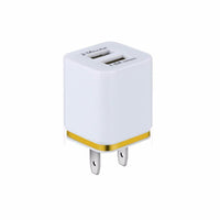 HKM-976147 Dual USB Mobile Phone Charger - Electroplating in Gold, Silver, Orange, Blue, or Purple, 5V 2.1A Output with Short-Circuit Protection