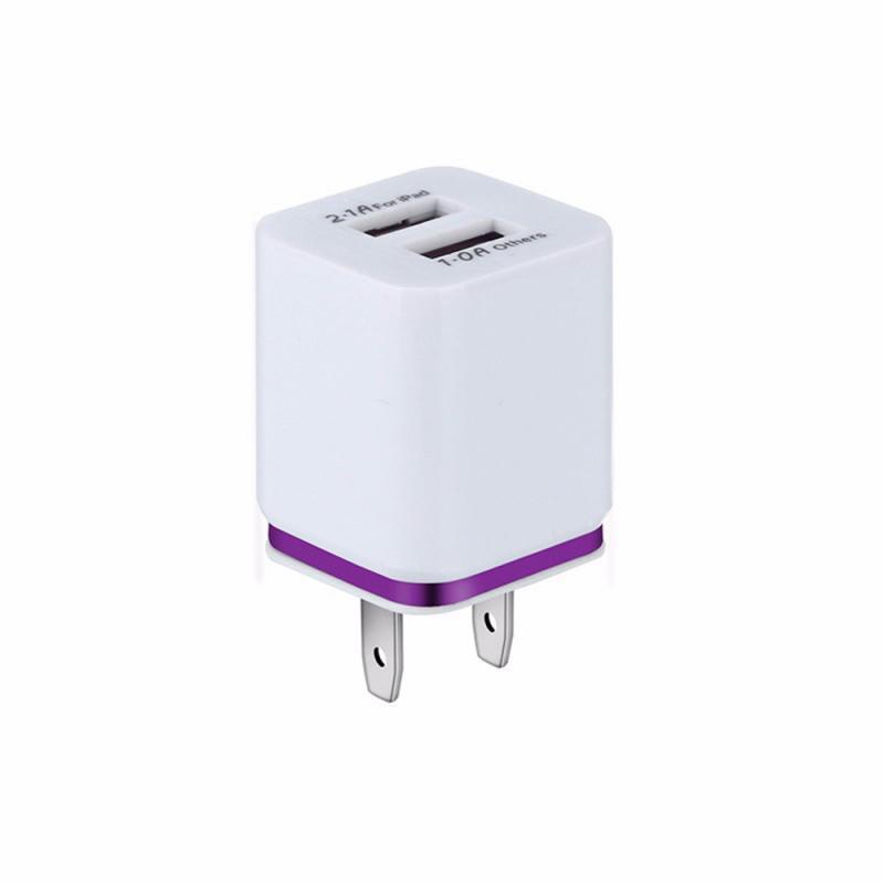 HKM-976147 Dual USB Mobile Phone Charger - Electroplating in Gold, Silver, Orange, Blue, or Purple, 5V 2.1A Output with Short-Circuit Protection