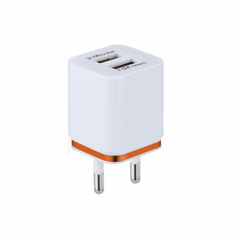 HKM-976147 Dual USB Mobile Phone Charger - Electroplating in Gold, Silver, Orange, Blue, or Purple, 5V 2.1A Output with Short-Circuit Protection