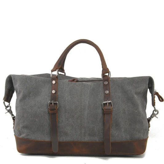 HKM-976147 High Capacity Canvas Shoulder Duffel Bag - Travel Tote with Cowhide Accents