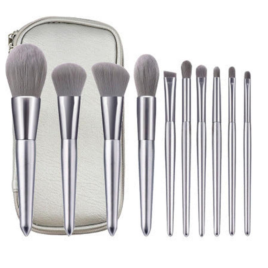 HKM-976147 Moonlight Silver 10-Piece Makeup Brush Set with Wooden Handles and PU Bag