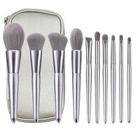 HKM-976147 Moonlight Silver 10-Piece Makeup Brush Set with Wooden Handles and PU Bag