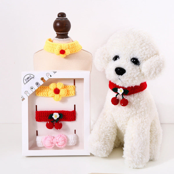 HKM-976787 Pet Hand Knitted Wool Cherry Flower Bow Adjustable Cat Dog Cole Duck Collar Accessories Gift Box