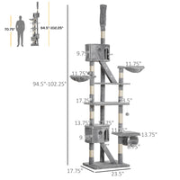 HKM-9769149 Height Adjustable Cat Tree, 94.5-102.5 inch Climbing Tower with Hammocks, Scratching Posts, and Condos