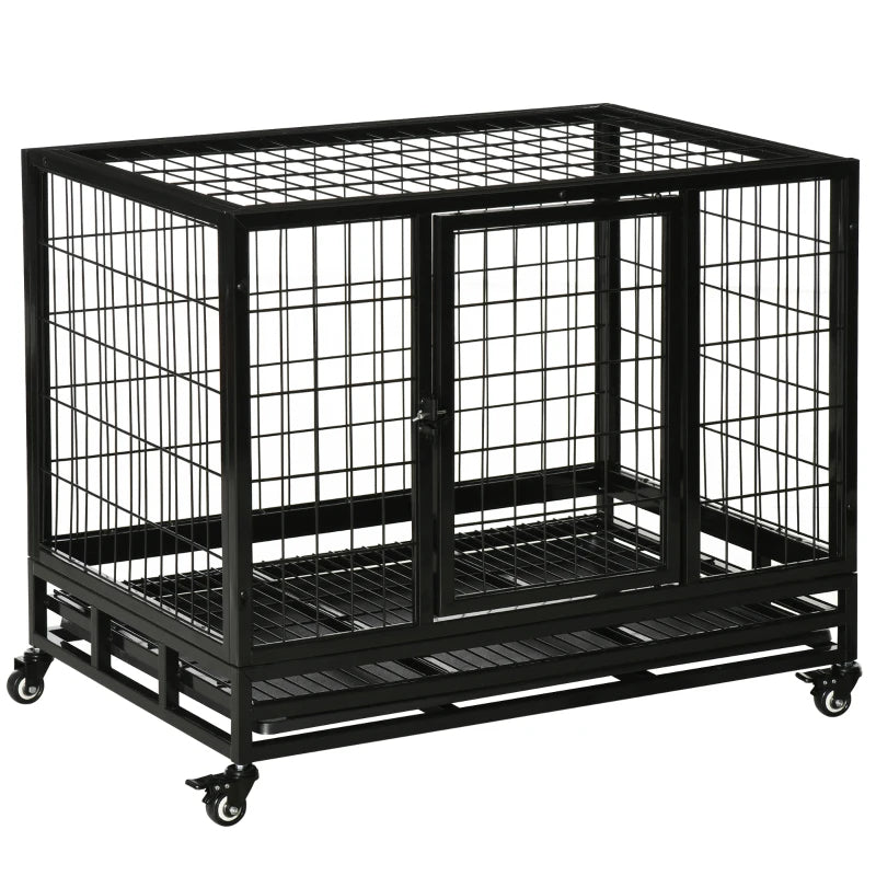 HKM-9769533 Heavy Duty Dog Crate with Dual Entry, Removable Tray, Lockable Wheels for Medium and Large Dogs, Black