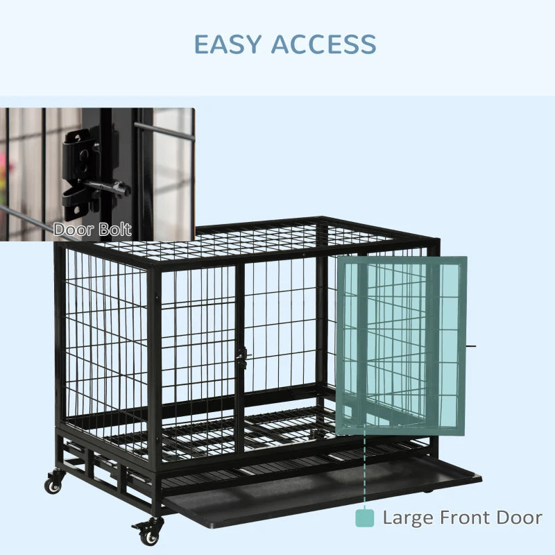 HKM-9769533 Heavy Duty Dog Crate with Dual Entry, Removable Tray, Lockable Wheels for Medium and Large Dogs, Black