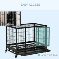 HKM-9769533 Heavy Duty Dog Crate with Dual Entry, Removable Tray, Lockable Wheels for Medium and Large Dogs, Black