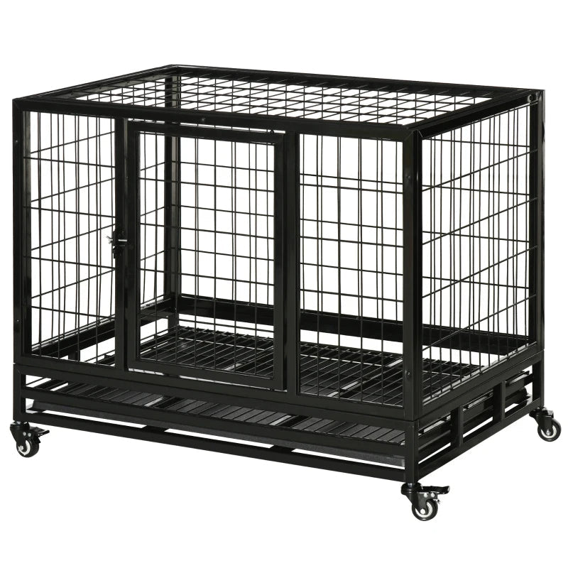 HKM-9769533 Heavy Duty Dog Crate with Dual Entry, Removable Tray, Lockable Wheels for Medium and Large Dogs, Black