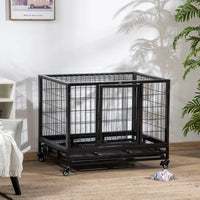 HKM-9769533 Heavy Duty Dog Crate with Dual Entry, Removable Tray, Lockable Wheels for Medium and Large Dogs, Black