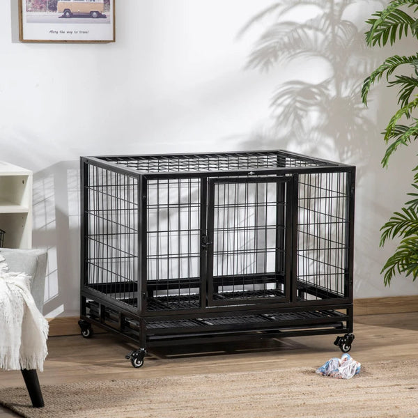 HKM-9769533 Heavy Duty Dog Crate with Dual Entry, Removable Tray, Lockable Wheels for Medium and Large Dogs, Black