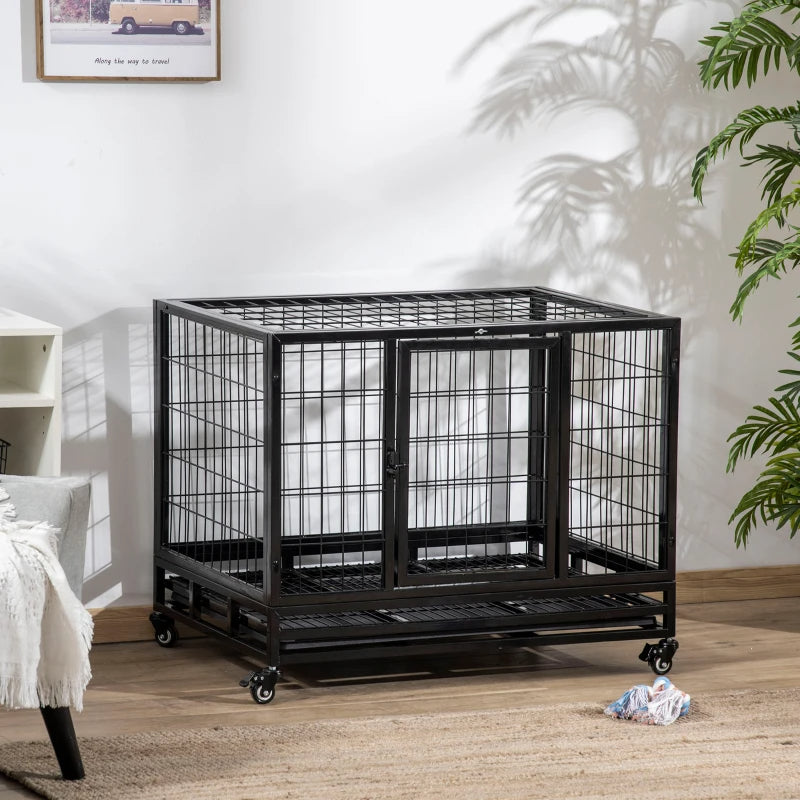 HKM-9769533 Heavy Duty Dog Crate with Dual Entry, Removable Tray, Lockable Wheels for Medium and Large Dogs, Black