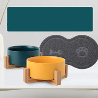HKM-9771837 Ceramic Double Cat & Dog Bowl with Bamboo Base, Multiple Sizes Available