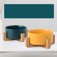 HKM-9771837 Ceramic Double Cat & Dog Bowl with Bamboo Base, Multiple Sizes Available