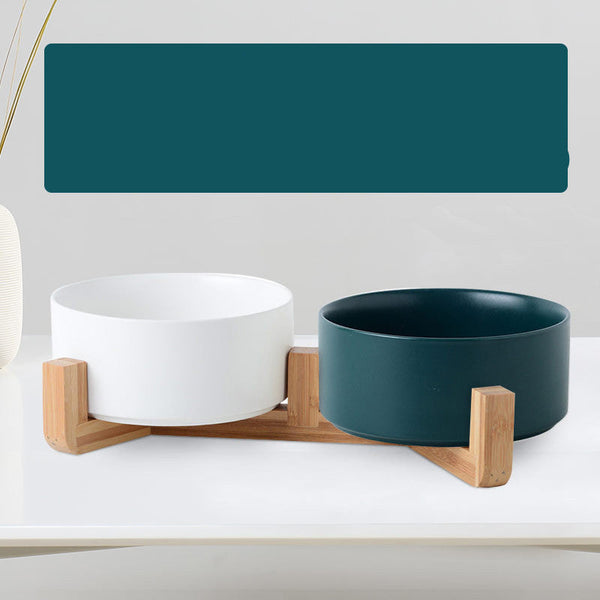 HKM-9771837 Ceramic Double Cat & Dog Bowl with Bamboo Base, Multiple Sizes Available