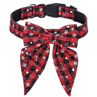 HKM-9773629 Plaid Christmas Dog Collar with Bow Tie ¨C Red and Black Snowflake Design, Available in S, M, L Sizes