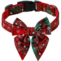 HKM-9773629 Plaid Christmas Dog Collar with Bow Tie ¨C Red and Black Snowflake Design, Available in S, M, L Sizes