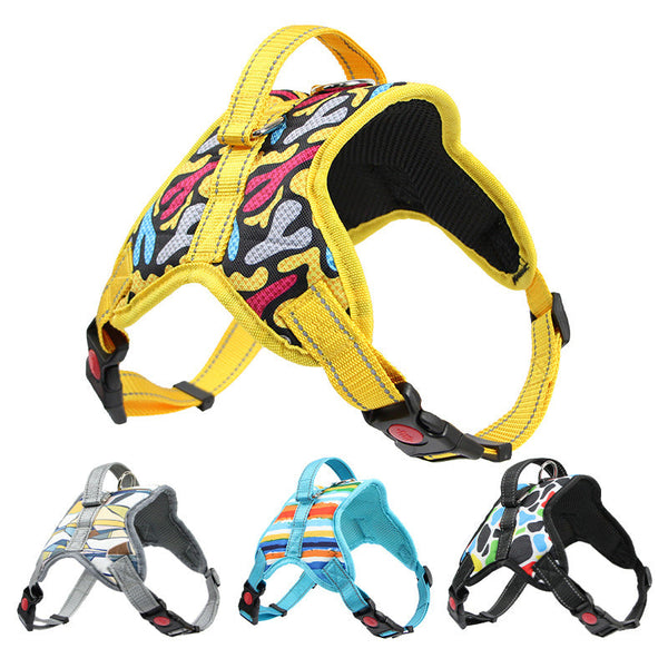 HKM-9774909 Reflective Dog Harness and Leash Set - Adjustable Polyester Pet Gear in Yellow, Blue, Gray, and Black