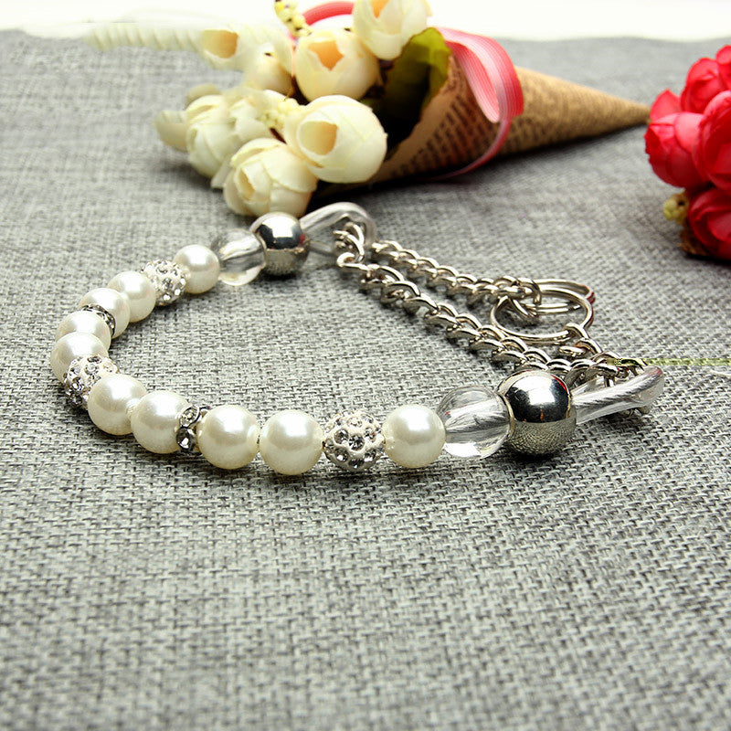 HKM-9775421 Elegant Pearl Dog Leash and Collar Set - White, Size S/M/L
