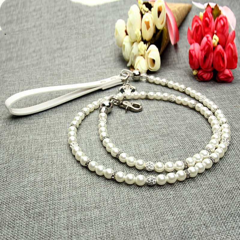HKM-9775421 Elegant Pearl Dog Leash and Collar Set - White, Size S/M/L