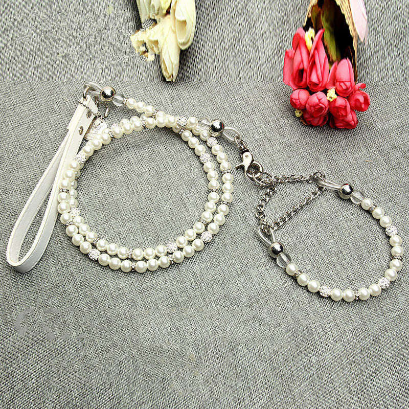 HKM-9775421 Elegant Pearl Dog Leash and Collar Set - White, Size S/M/L