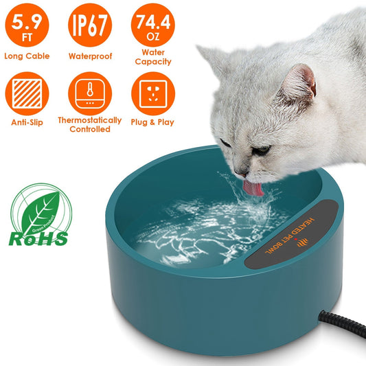HKM-9777597 Heated Pet Water Bowl with 74.4oz Capacity, IP67 Waterproof Design, and Thermostatic Control for Dogs and Cats