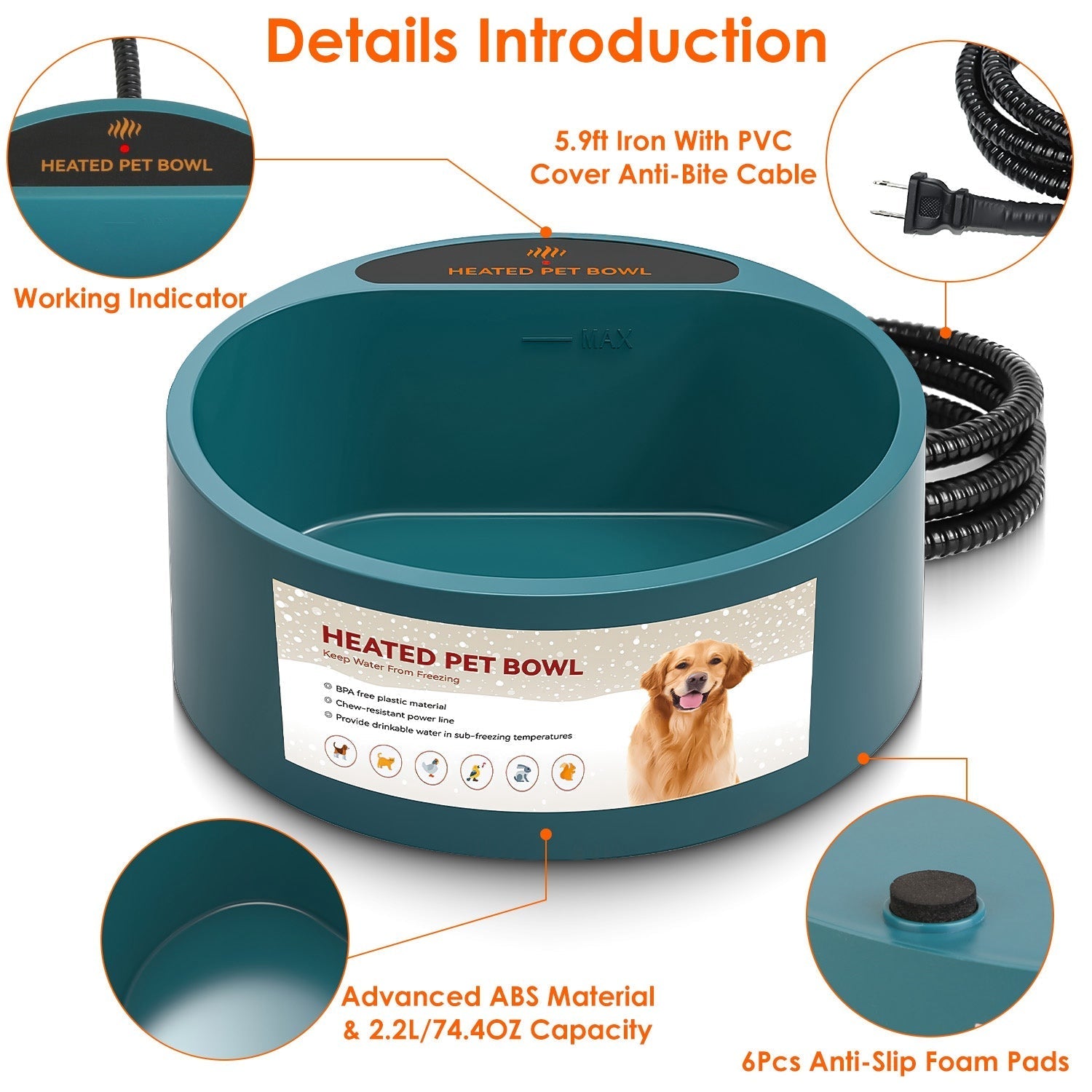 HKM-9777597 Heated Pet Water Bowl with 74.4oz Capacity, IP67 Waterproof Design, and Thermostatic Control for Dogs and Cats