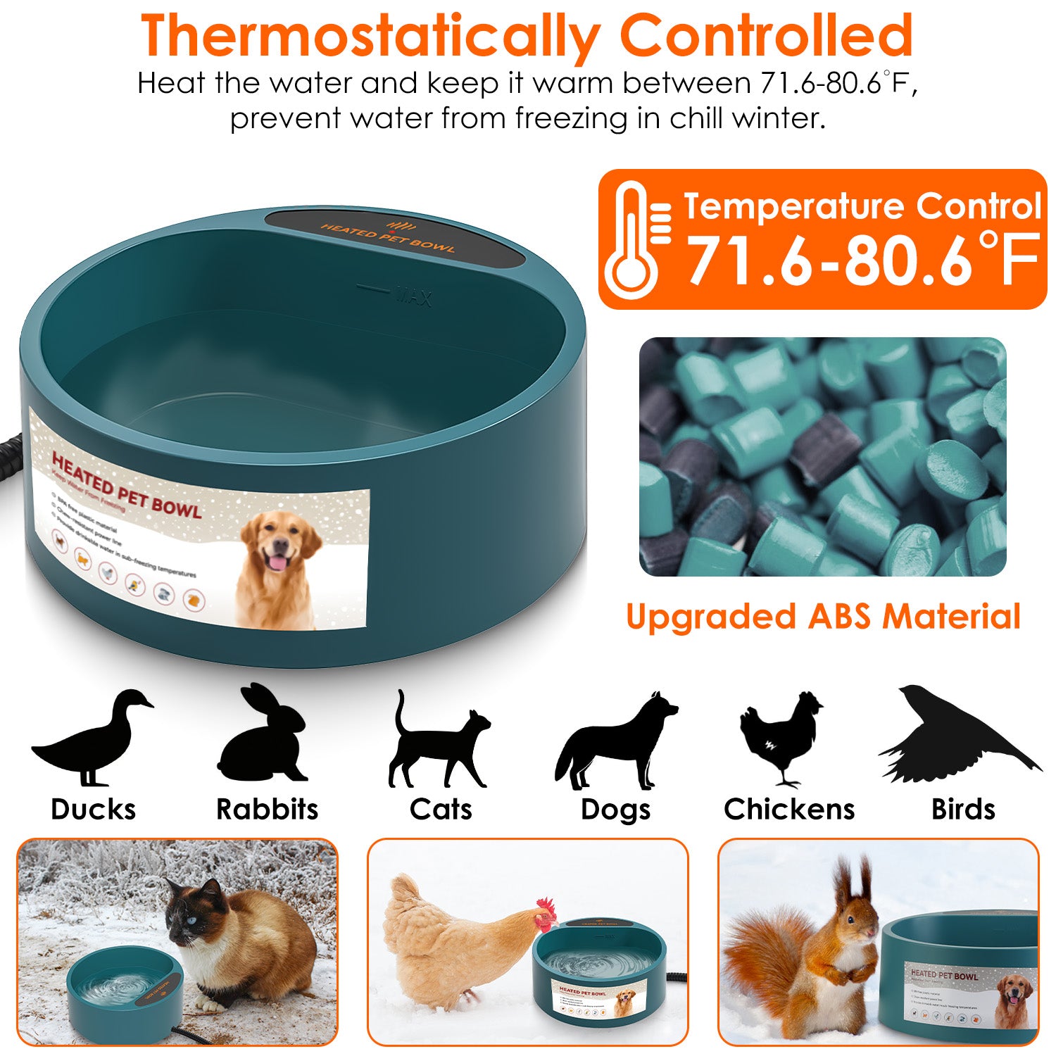 HKM-9777597 Heated Pet Water Bowl with 74.4oz Capacity, IP67 Waterproof Design, and Thermostatic Control for Dogs and Cats
