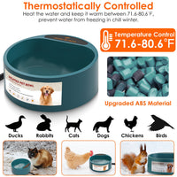 HKM-9777597 Heated Pet Water Bowl with 74.4oz Capacity, IP67 Waterproof Design, and Thermostatic Control for Dogs and Cats