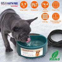 HKM-9777597 Heated Pet Water Bowl with 74.4oz Capacity, IP67 Waterproof Design, and Thermostatic Control for Dogs and Cats