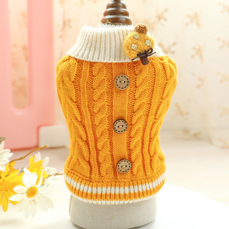 HKM-9779389 Warm Twisted Button Sweater for Dogs and Cats in Pink, Turmeric, and Blue