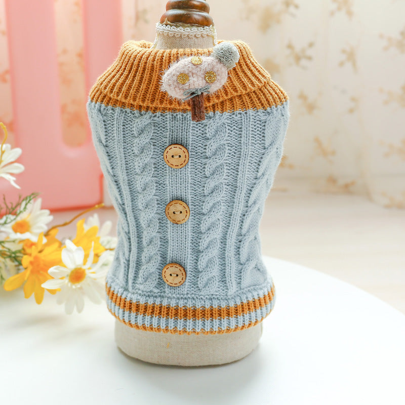 HKM-9779389 Warm Twisted Button Sweater for Dogs and Cats in Pink, Turmeric, and Blue